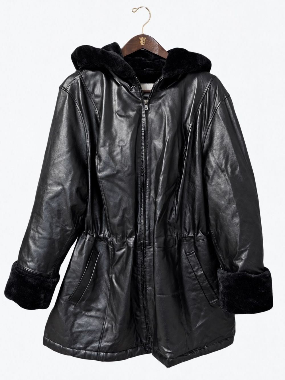 Woman Within 24W Black Genuine Leather Coat Faux Fur Lined Hooded Plus Size